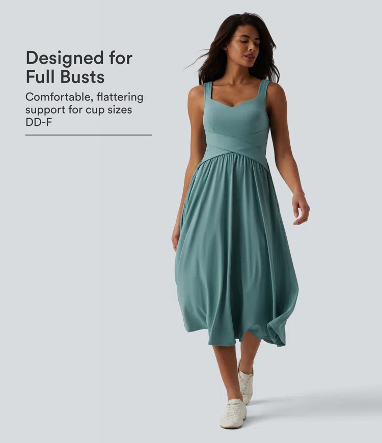 Built-in Bra Sleeveless Crossover Flowy Midi Casual Dress with Pockets DD-F
