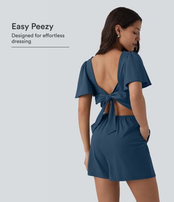 SoftlyZero™ Airy Flounce Short Sleeve Tie Back InstantCool Casual Romper with Pockets-Easy Peezy Edition SoftlyZero™ Airy Flounce Short Sleeve Tie Back InstantCool Casual Romper with Pockets-Easy Peezy Edition