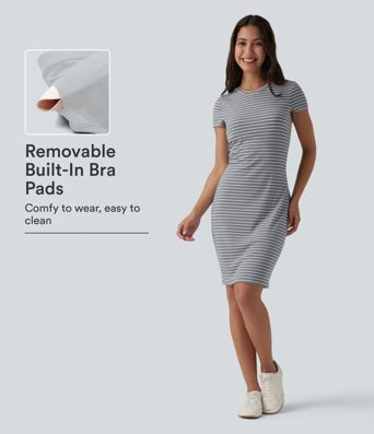 Round Neck Short Sleeve Built-in Bra Stripes Bodycon Mini Casual Dress