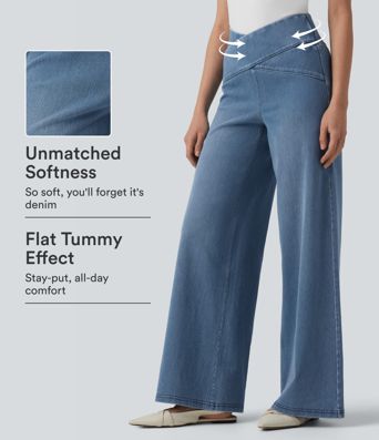 Halara Flex™ Crossover High Waisted Tummy Control Casual Wide Leg Jeans with Pockets Halara Flex™ Crossover High Waisted Tummy Control Casual Wide Leg Jeans with Pockets