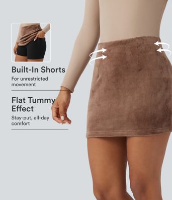 High Waisted Tummy Control Butt Lifting Fleece Corduroy Bodycon Mini Casual Skirt with Pockets