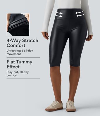 High Waisted Tummy Control Stretchy PU Casual Pedal Pushers Leggings with Pockets High Waisted Tummy Control Stretchy PU Casual Pedal Pushers Leggings with Pockets