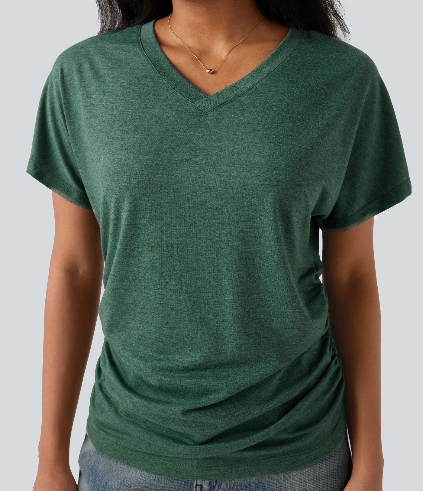 V-neck Short Sleeve Ruched Relaxed Casual Top