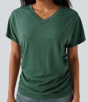 V-neck Short Sleeve Ruched Relaxed Casual Top
