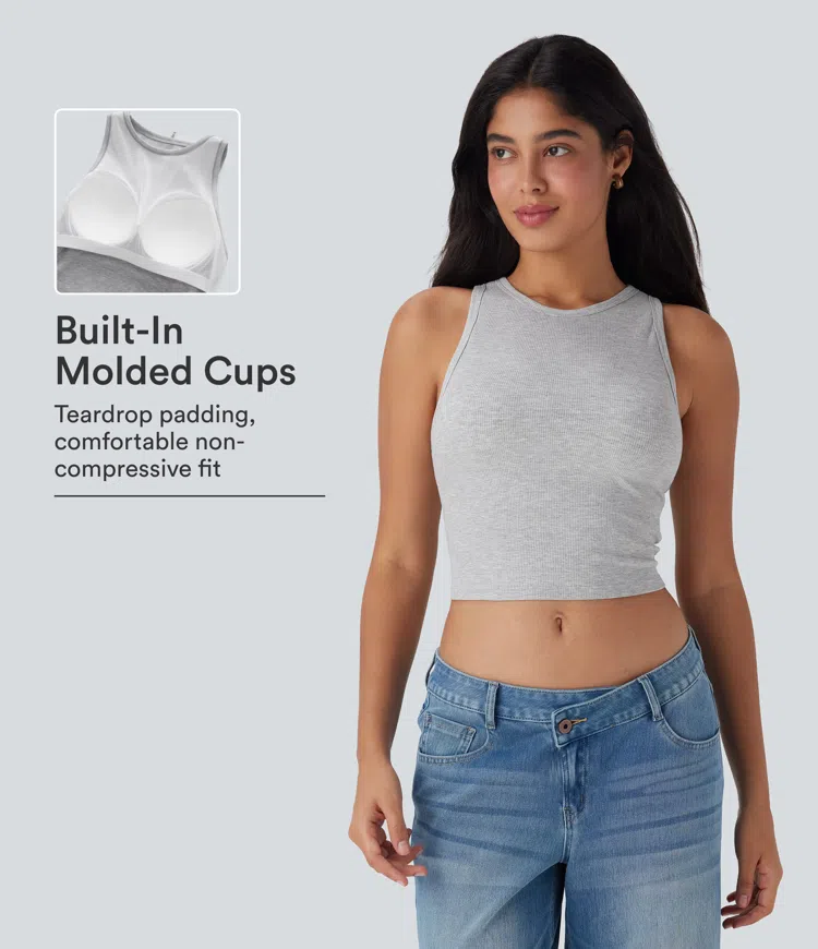 Mottled Grey Round Neck Cropped Casual Tank Top / 1