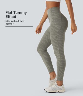 High Waisted Tummy Control Camo Yoga 7/8 Leggings with Pockets