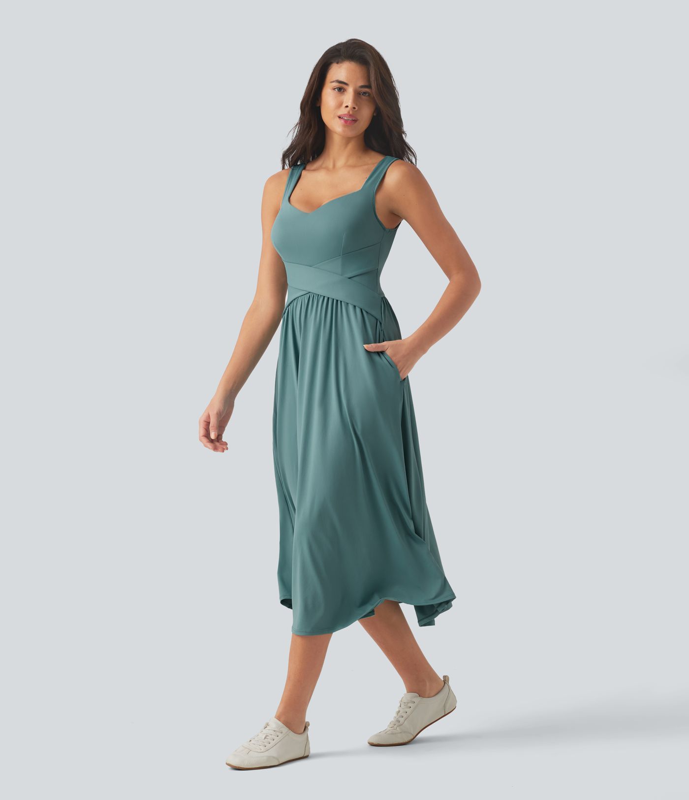 Sleeveless Crossover Flowy Midi Casual Dress with Pockets DD-F