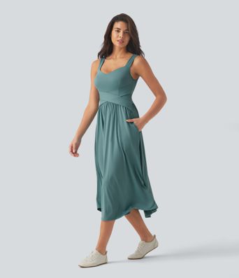 Sleeveless Crossover Flowy Midi Casual Dress with Pockets DD-F