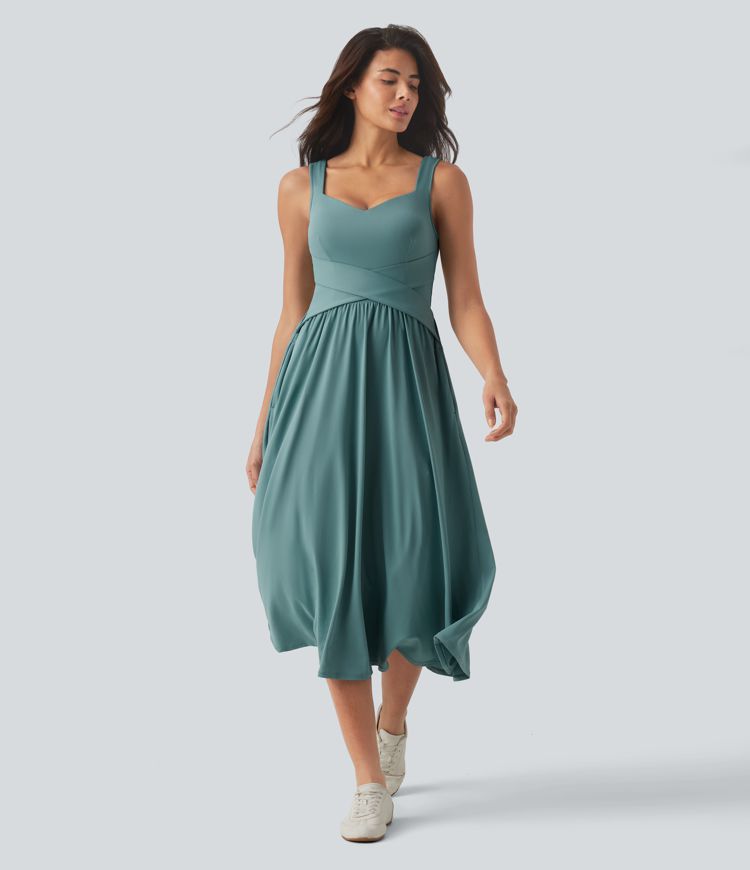 Sleeveless Crossover Flowy Midi Casual Dress with Pockets DD-F Sleeveless Crossover Flowy Midi Casual Dress with Pockets DD-F
