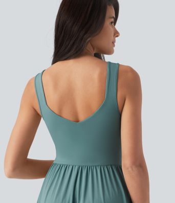 Sleeveless Crossover Flowy Midi Casual Dress with Pockets DD-F