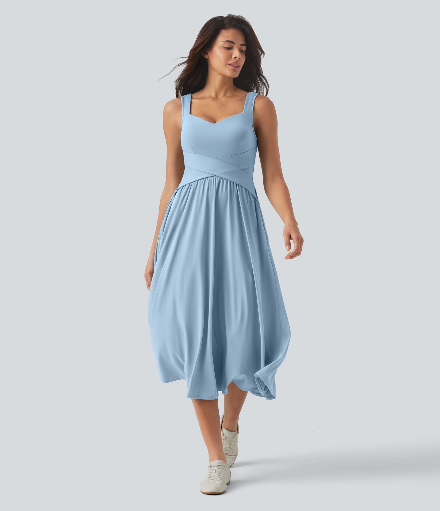 Sleeveless Crossover Flowy Midi Casual Dress with Pockets DD-F Sleeveless Crossover Flowy Midi Casual Dress with Pockets DD-F