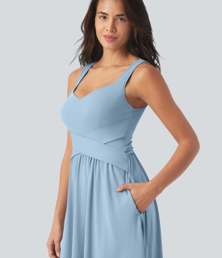 Sleeveless Crossover Flowy Midi Casual Dress with Pockets DD-F Sleeveless Crossover Flowy Midi Casual Dress with Pockets DD-F