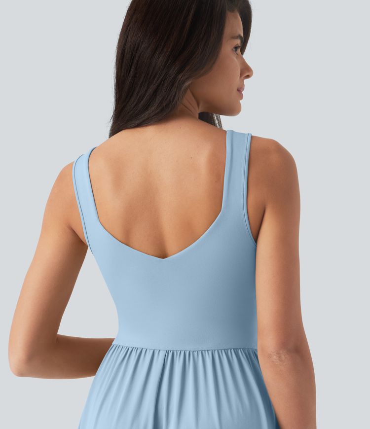 Sleeveless Crossover Flowy Midi Casual Dress with Pockets DD-F Sleeveless Crossover Flowy Midi Casual Dress with Pockets DD-F