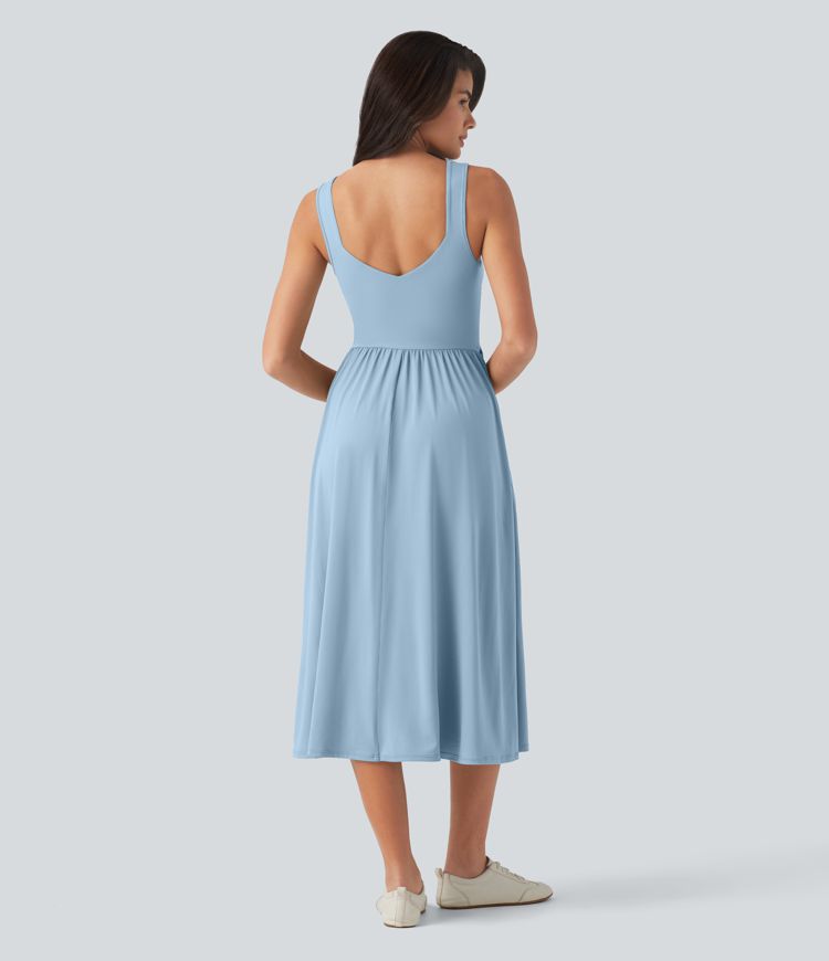 Sleeveless Crossover Flowy Midi Casual Dress with Pockets DD-F Sleeveless Crossover Flowy Midi Casual Dress with Pockets DD-F