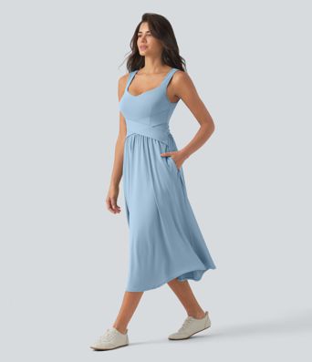 Sleeveless Crossover Flowy Midi Casual Dress with Pockets DD-F Sleeveless Crossover Flowy Midi Casual Dress with Pockets DD-F