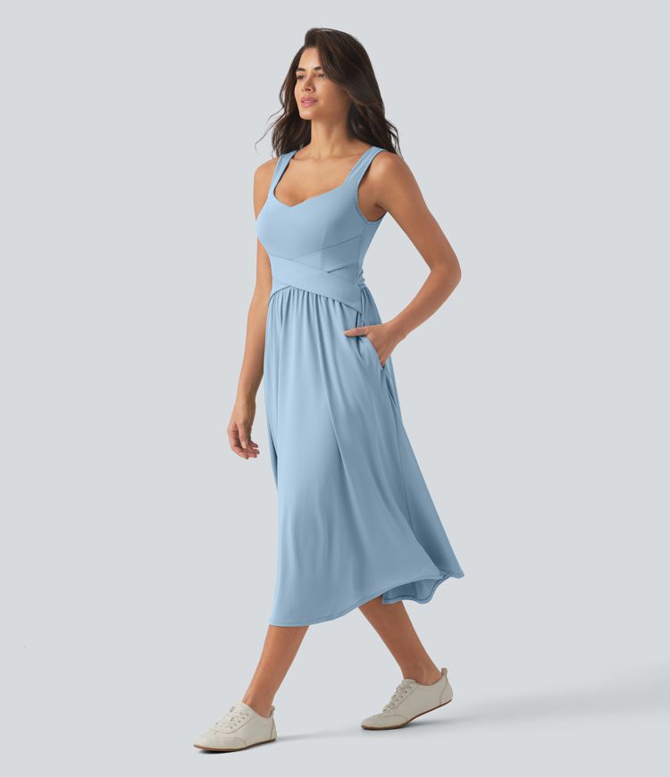 Sleeveless Crossover Flowy Midi Casual Dress with Pockets DD-F Sleeveless Crossover Flowy Midi Casual Dress with Pockets DD-F
