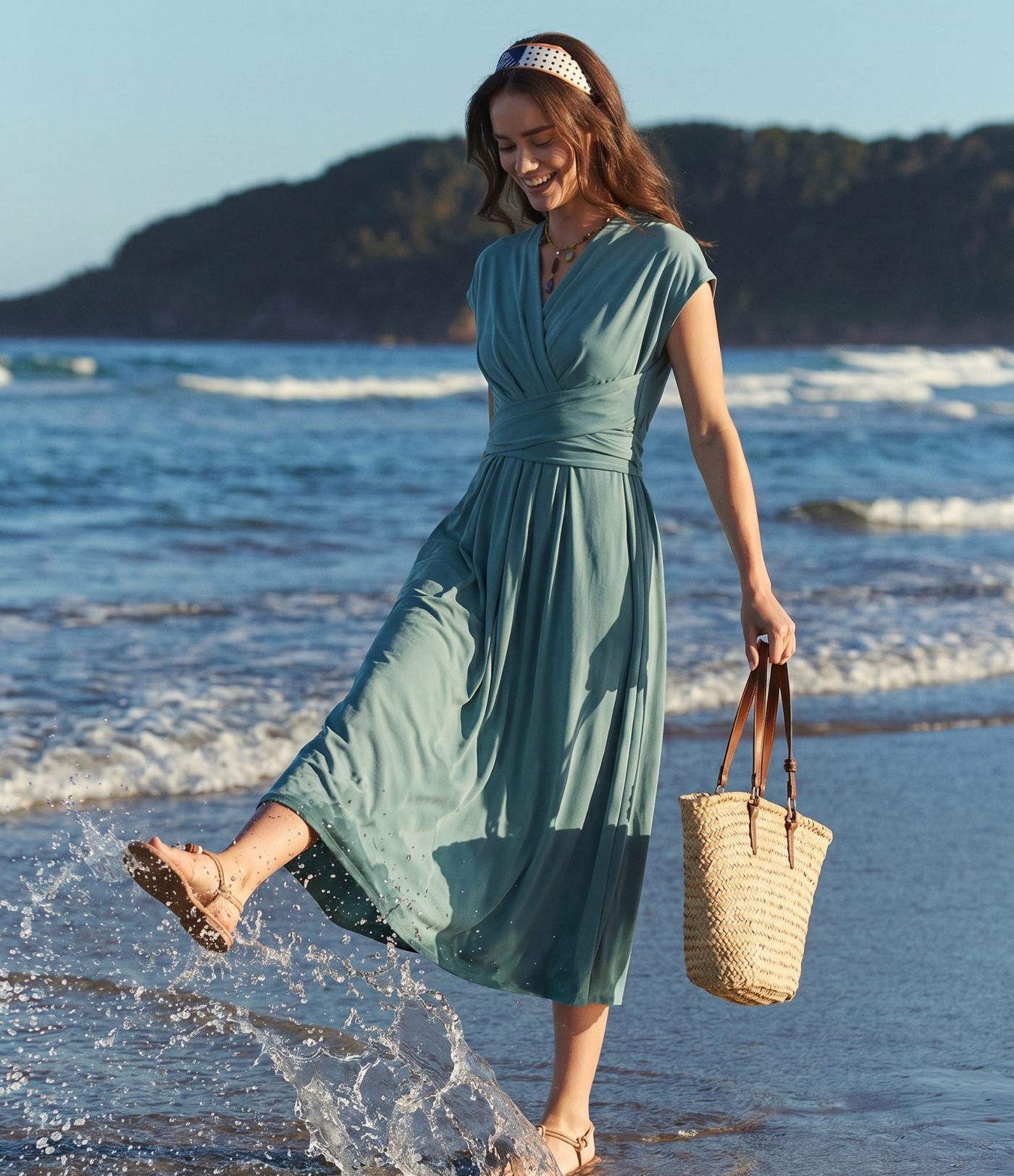 Breezeful™ V Neck Short Sleeve Pocket Tie Back Quick Dry Midi Casual Plus Size Dress