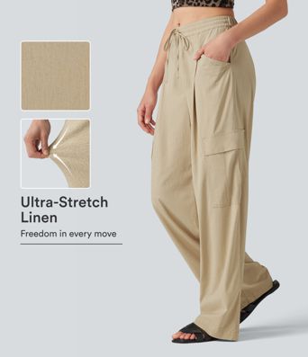 Mid Rise Drawstring Straight Leg Casual Stretch Linen Cargo Pants with Pockets