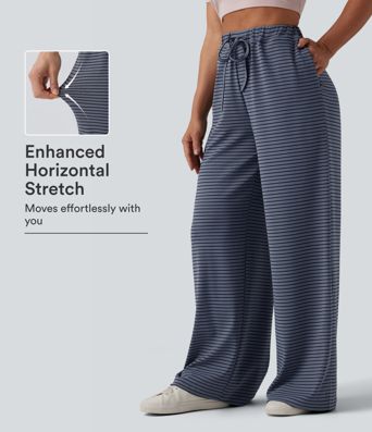 Pantalon ample décontracté à rayures, taille haute, à cordon et poches