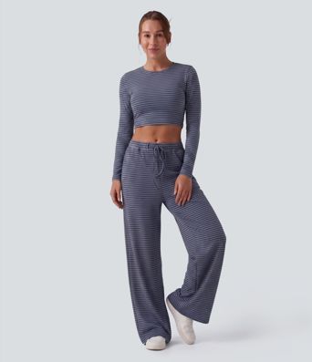 Pantalones holgados y casuales de talle alto con cordón, rayas y bolsillos