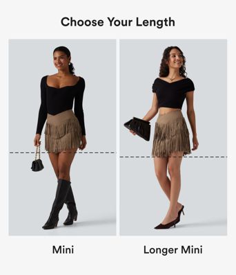 Falda mini bodycon 2 en 1 de ante para fiesta, cintura alta cruzada con bajo de flecos.