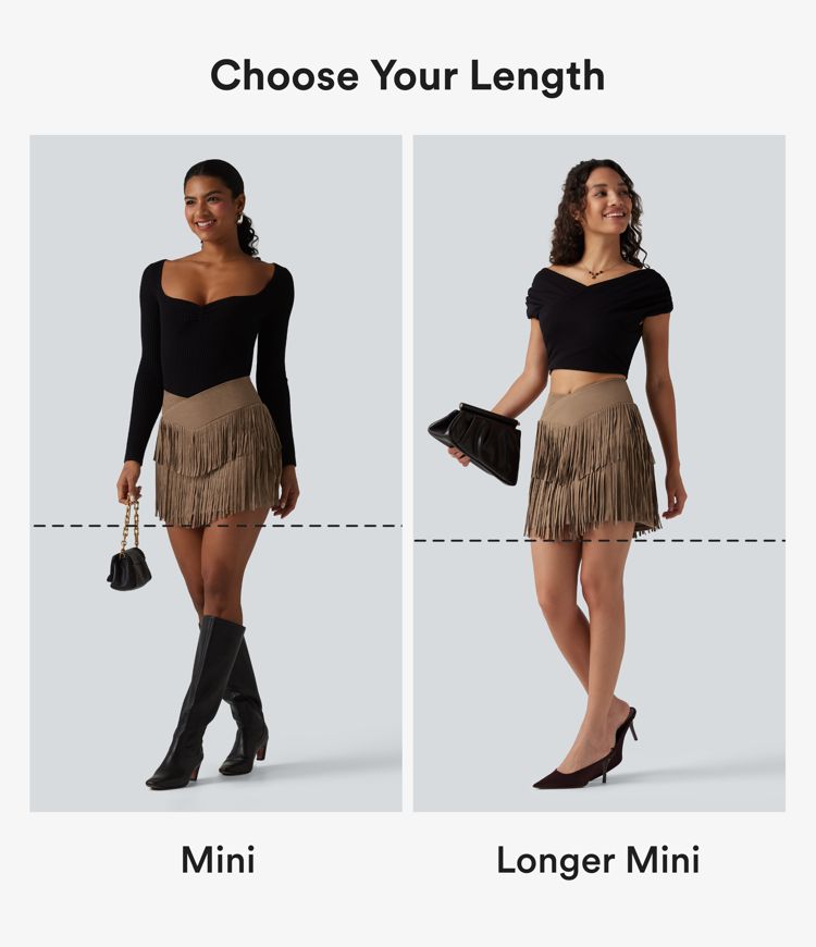 Falda mini bodycon 2 en 1 de ante para fiesta, cintura alta cruzada con bajo de flecos.