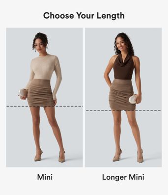 High Waisted Tummy Control Ruched Curved Hem Bodycon 2-in-1 Suede Mini Skirt-Longer Length