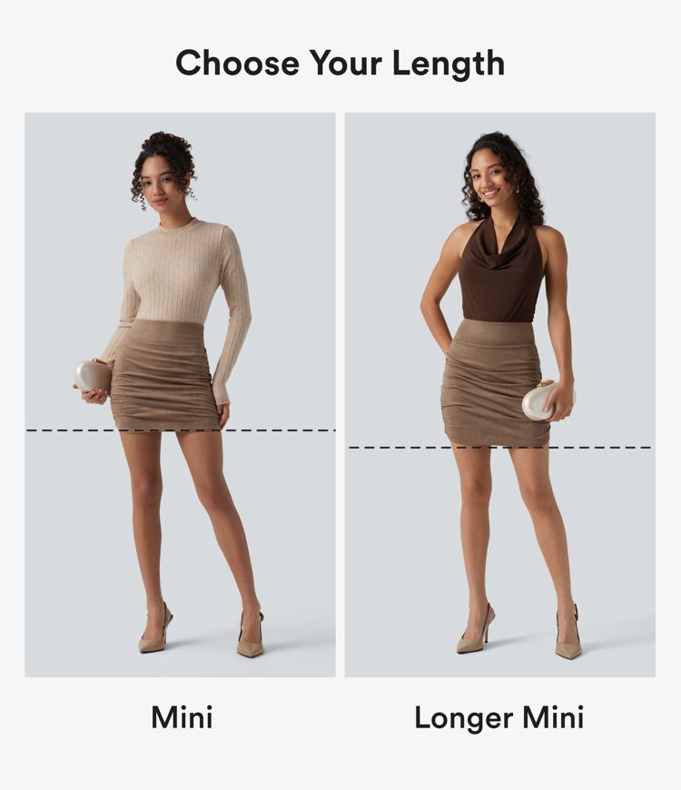 High Waisted Tummy Control Ruched Curved Hem Bodycon 2-in-1 Suede Mini Skirt-Longer Length
