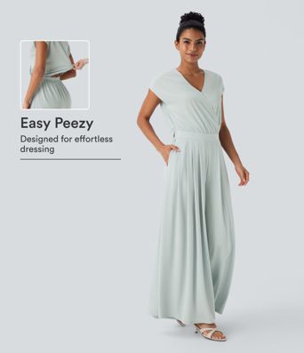 Encolure en V, manches courtes, avec poches, jambes larges, fluide, en tissu gaufré (waffle), combinaison décontractée — Édition Easy Peezy