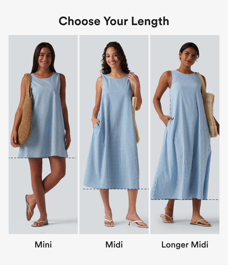 Vestido tipo tank casual midi sin mangas con escote redondo, estampado vichy arrugado y bolsillos Vestido tipo tank casual midi sin mangas con escote redondo, estampado vichy arrugado y bolsillos