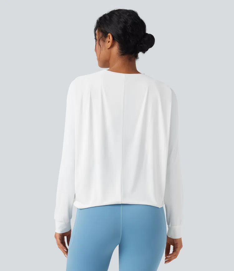 Weiß Rundhals-Langarm-Yoga-Sporttop mit Raffung - UPF50+ / 2