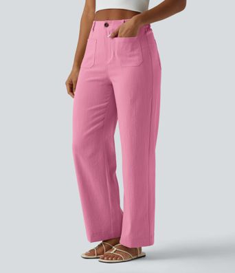 High Waisted Straight Leg Casual Linen-Feel Pants with Pockets High Waisted Straight Leg Casual Linen-Feel Pants with Pockets