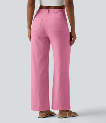 High Waisted Straight Leg Casual Linen-Feel Pants with Pockets High Waisted Straight Leg Casual Linen-Feel Pants with Pockets