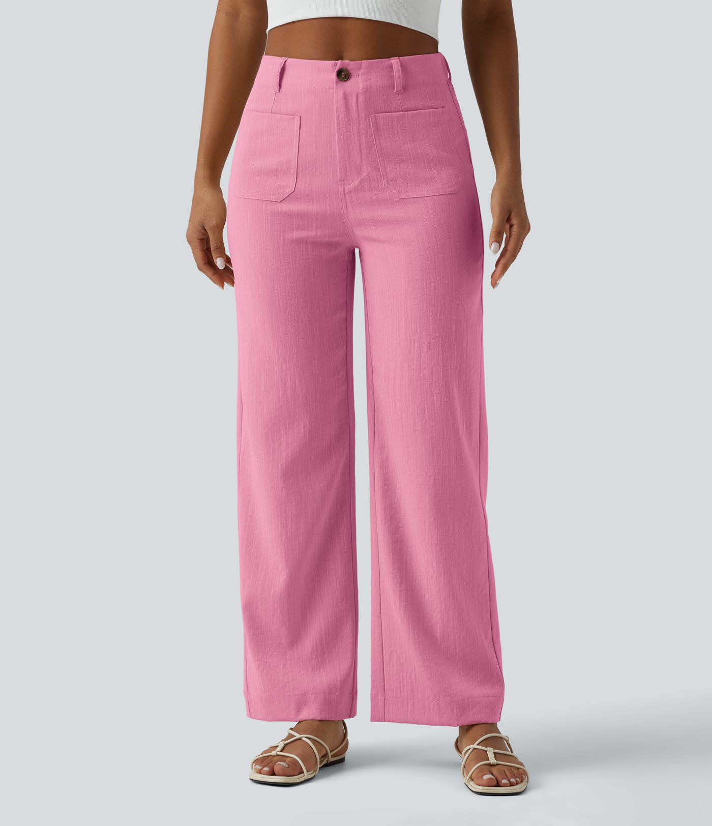 High Waisted Straight Leg Casual Linen-Feel Pants with Pockets High Waisted Straight Leg Casual Linen-Feel Pants with Pockets