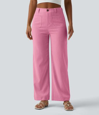 High Waisted Straight Leg Casual Linen-Feel Pants with Pockets High Waisted Straight Leg Casual Linen-Feel Pants with Pockets