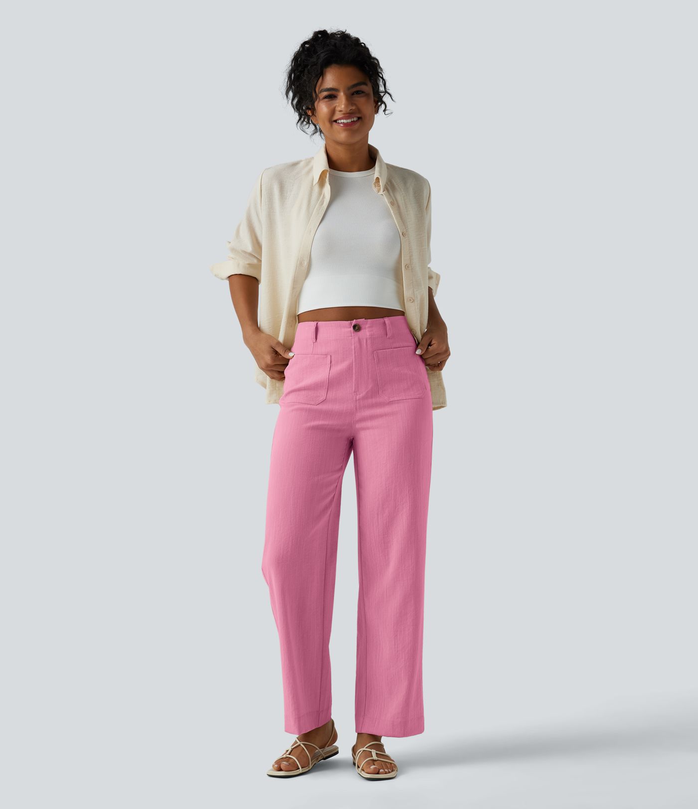 High Waisted Straight Leg Casual Linen-Feel Pants with Pockets High Waisted Straight Leg Casual Linen-Feel Pants with Pockets