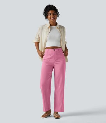 High Waisted Straight Leg Casual Linen-Feel Pants with Pockets High Waisted Straight Leg Casual Linen-Feel Pants with Pockets