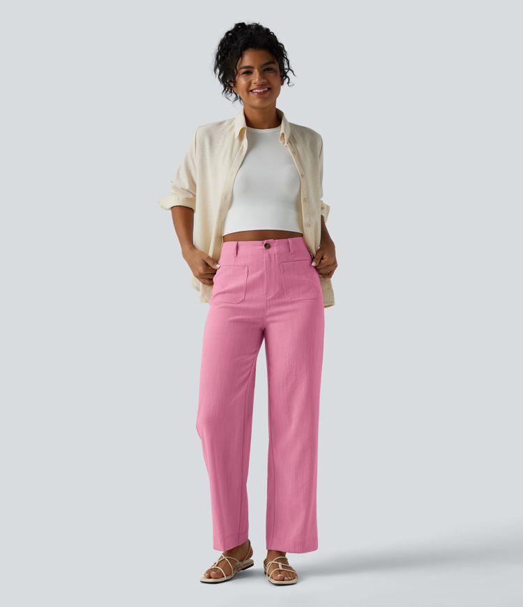 High Waisted Straight Leg Casual Linen-Feel Pants with Pockets High Waisted Straight Leg Casual Linen-Feel Pants with Pockets