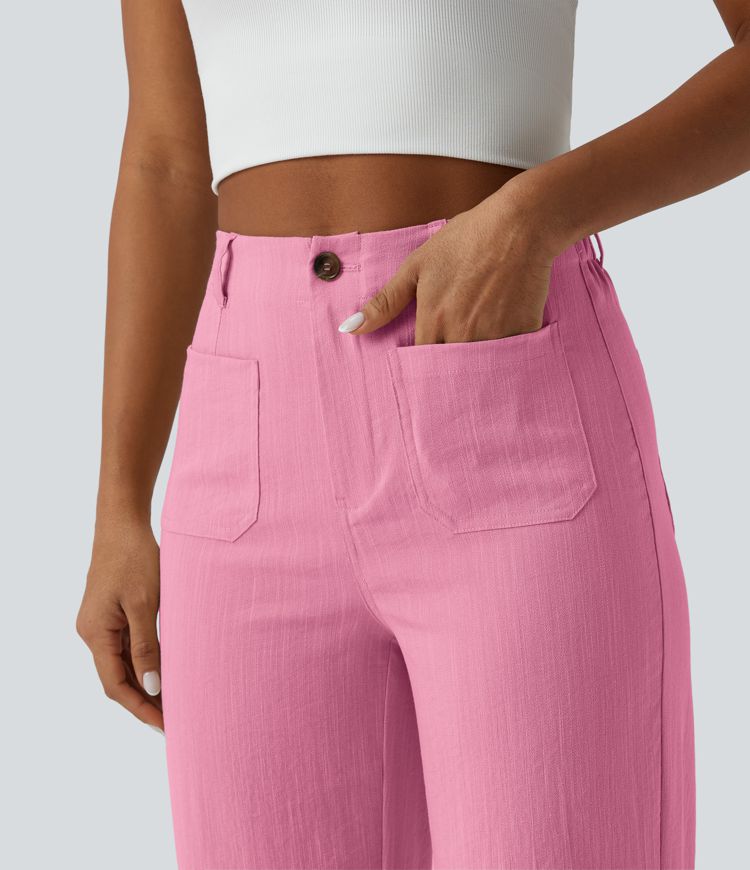 High Waisted Straight Leg Casual Linen-Feel Pants with Pockets High Waisted Straight Leg Casual Linen-Feel Pants with Pockets