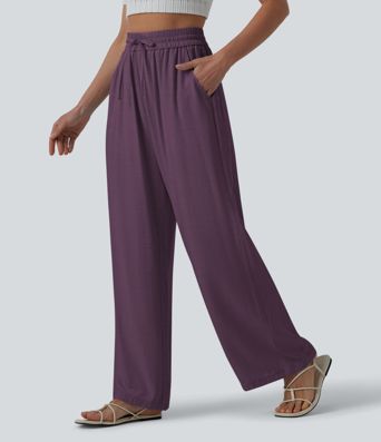 Lässige Leinen-Hose mit hohem Bund, Kordelzug, weitem Bein und Taschen Lässige Leinen-Hose mit hohem Bund, Kordelzug, weitem Bein und Taschen