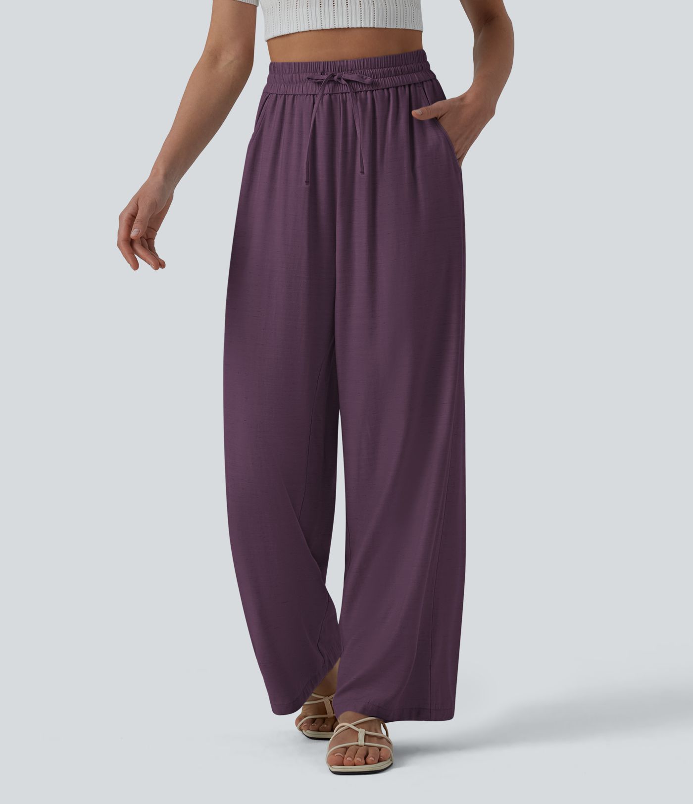 Lässige Leinen-Hose mit hohem Bund, Kordelzug, weitem Bein und Taschen Lässige Leinen-Hose mit hohem Bund, Kordelzug, weitem Bein und Taschen