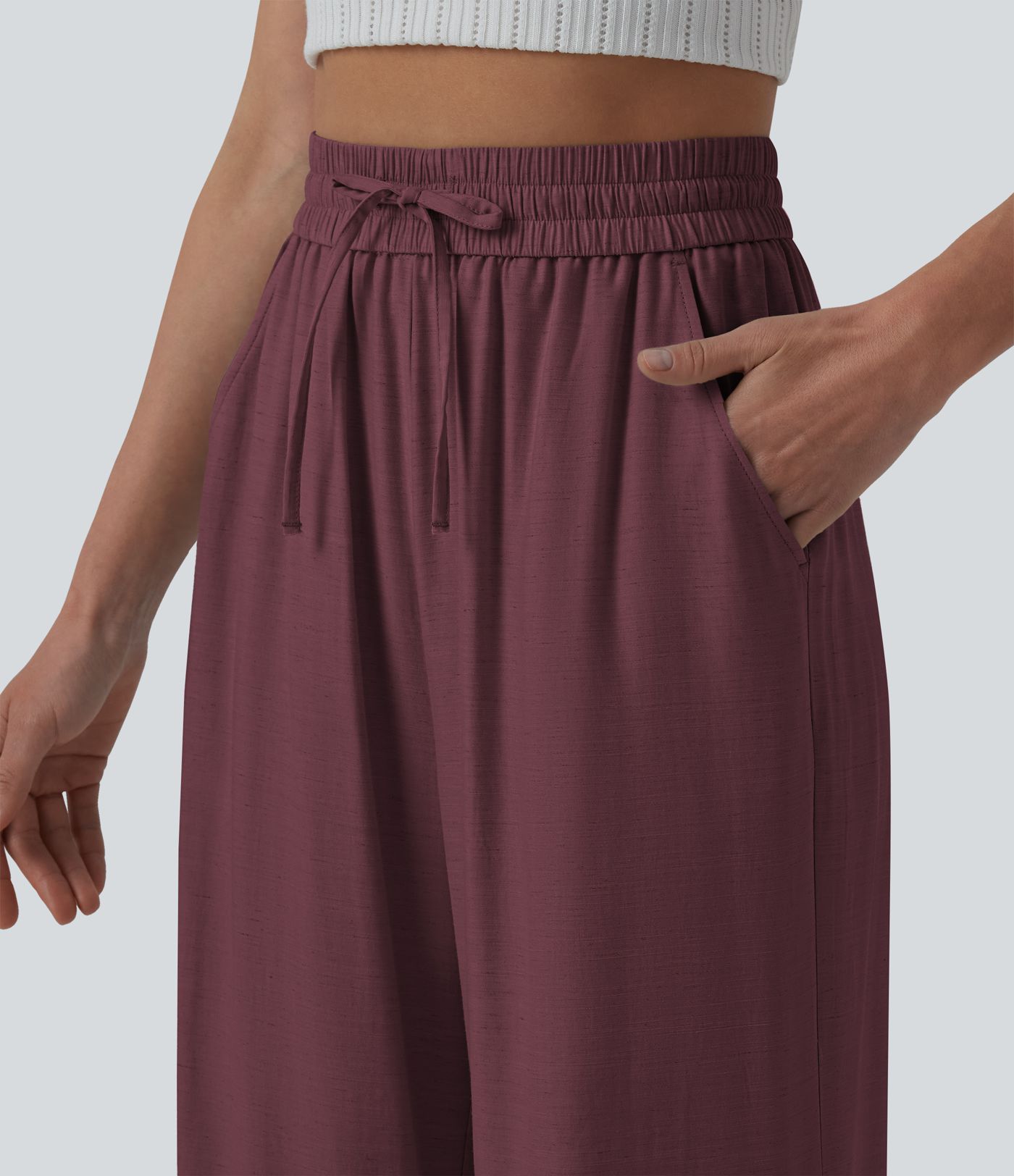 Lässige Leinen-Hose mit hohem Bund, Kordelzug, weitem Bein und Taschen Lässige Leinen-Hose mit hohem Bund, Kordelzug, weitem Bein und Taschen