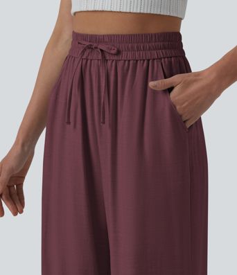 Lässige Leinen-Hose mit hohem Bund, Kordelzug, weitem Bein und Taschen Lässige Leinen-Hose mit hohem Bund, Kordelzug, weitem Bein und Taschen