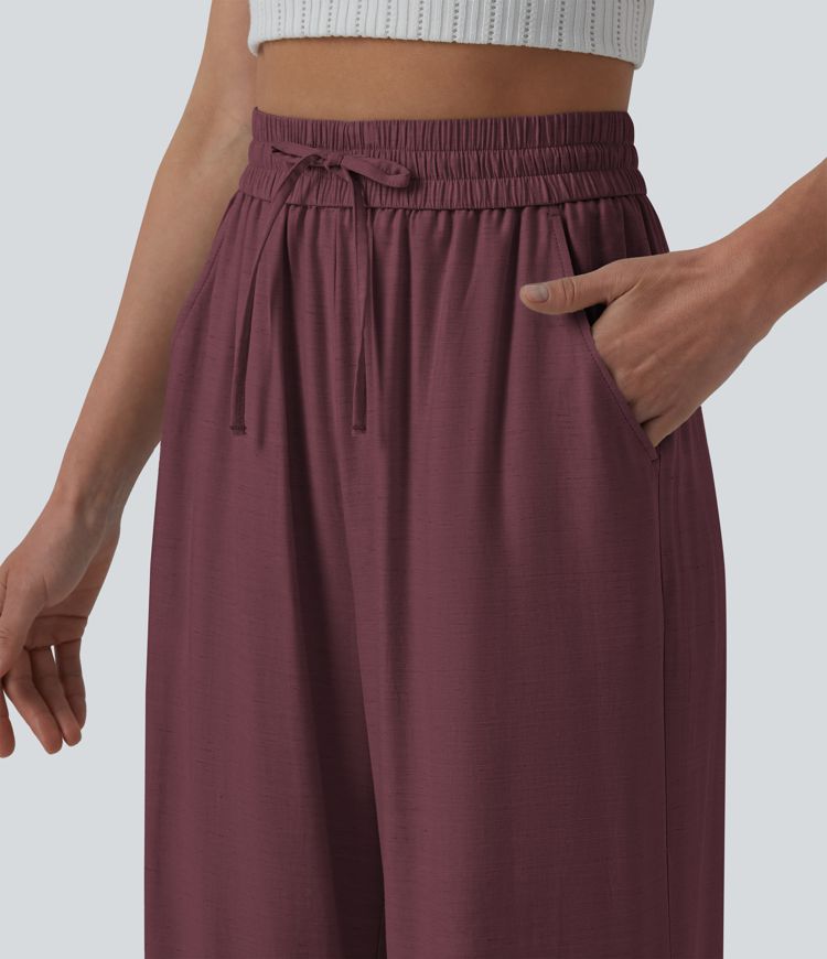 Lässige Leinen-Hose mit hohem Bund, Kordelzug, weitem Bein und Taschen Lässige Leinen-Hose mit hohem Bund, Kordelzug, weitem Bein und Taschen