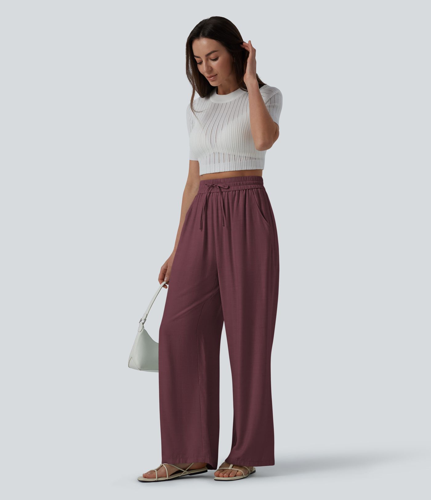 Lässige Leinen-Hose mit hohem Bund, Kordelzug, weitem Bein und Taschen Lässige Leinen-Hose mit hohem Bund, Kordelzug, weitem Bein und Taschen