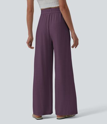 Lässige Leinen-Hose mit hohem Bund, Kordelzug, weitem Bein und Taschen Lässige Leinen-Hose mit hohem Bund, Kordelzug, weitem Bein und Taschen