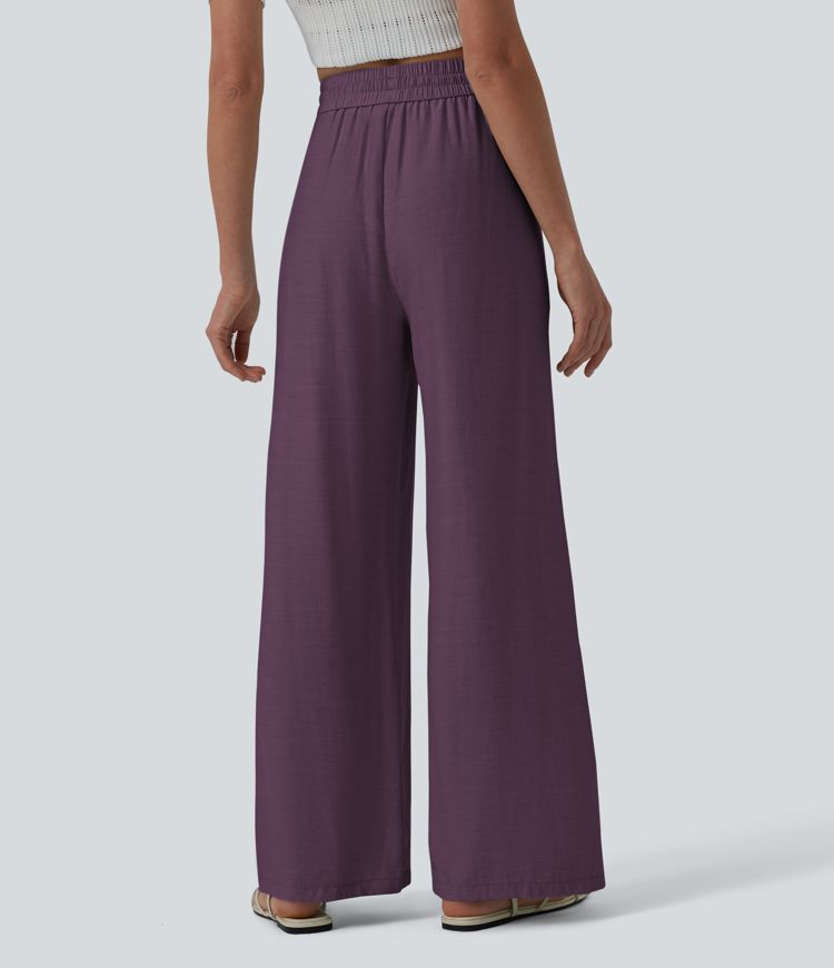 Lässige Leinen-Hose mit hohem Bund, Kordelzug, weitem Bein und Taschen Lässige Leinen-Hose mit hohem Bund, Kordelzug, weitem Bein und Taschen