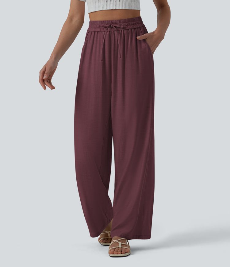 Lässige Leinen-Hose mit hohem Bund, Kordelzug, weitem Bein und Taschen Lässige Leinen-Hose mit hohem Bund, Kordelzug, weitem Bein und Taschen