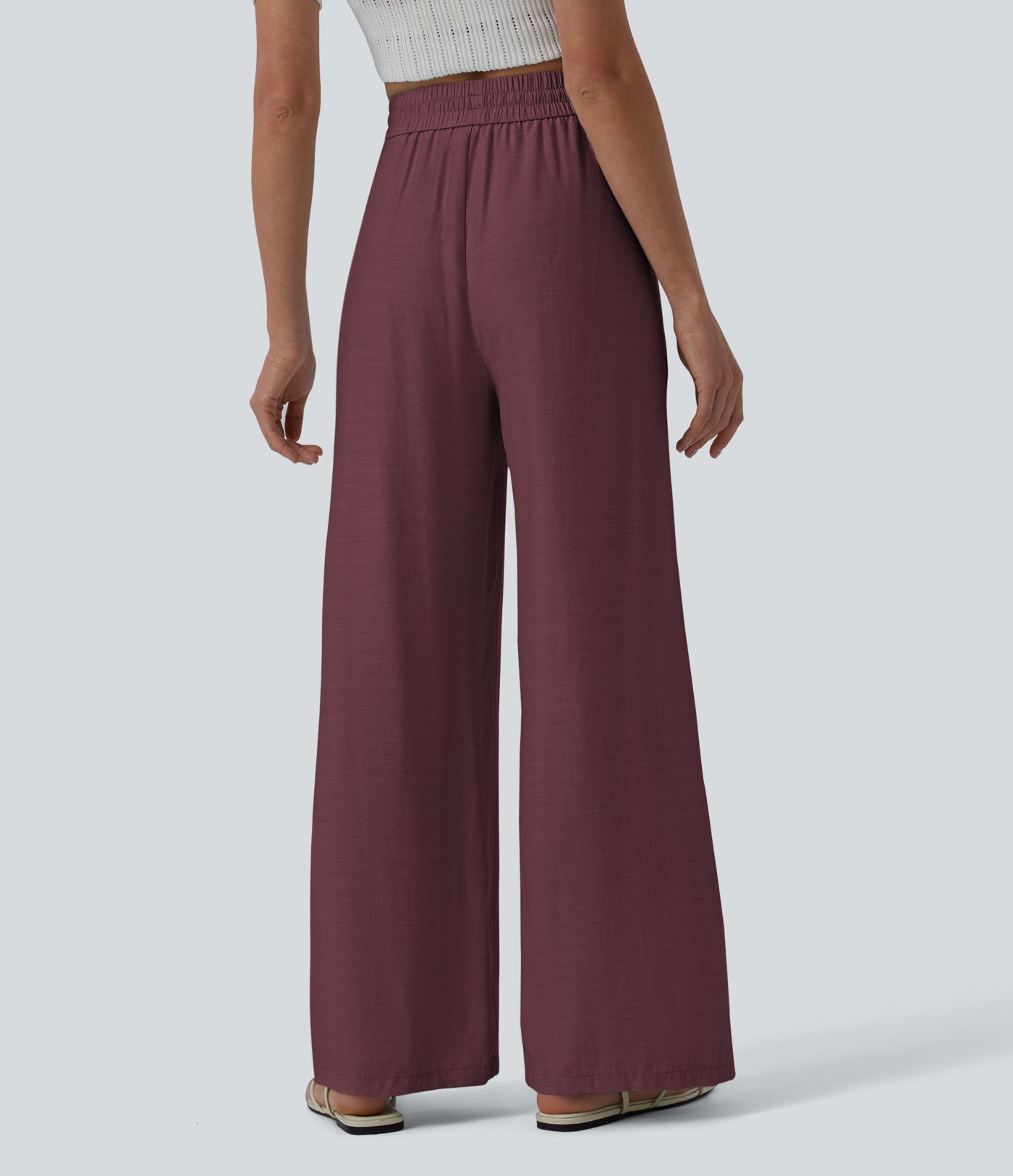 Lässige Leinen-Hose mit hohem Bund, Kordelzug, weitem Bein und Taschen Lässige Leinen-Hose mit hohem Bund, Kordelzug, weitem Bein und Taschen