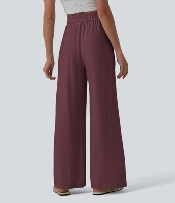 Lässige Leinen-Hose mit hohem Bund, Kordelzug, weitem Bein und Taschen Lässige Leinen-Hose mit hohem Bund, Kordelzug, weitem Bein und Taschen